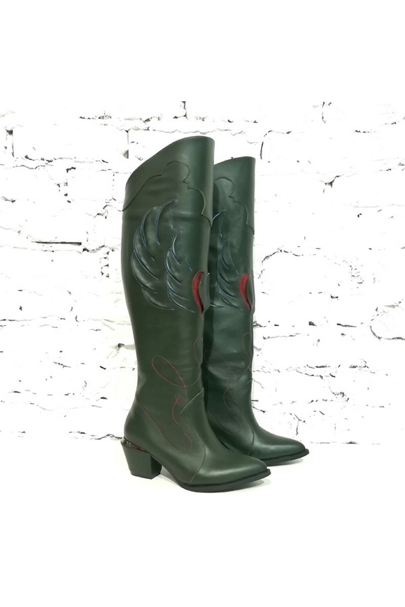 Buy High Stylish Cossack Women`s Real Leather Green Boots, Western Cowboy Patterns Boots